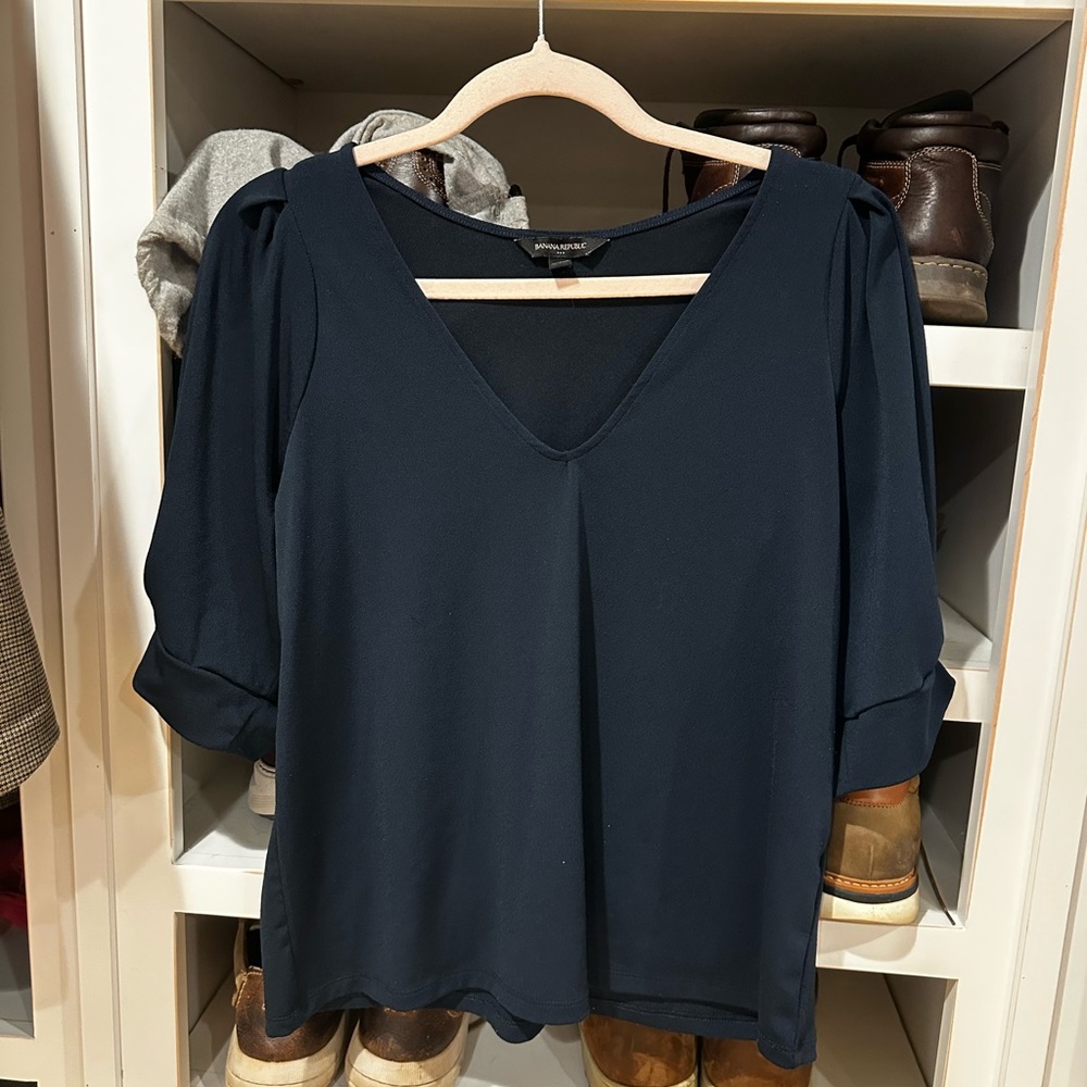 Banana Republic Navy V-Neck Puff Sleeve Blouse